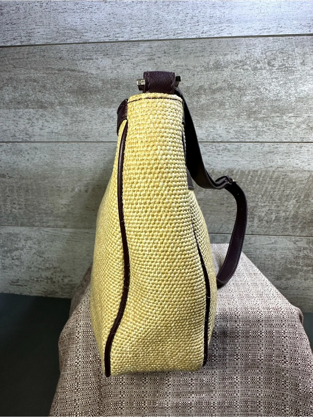 VTG Etienne Aigner Light Tan Woven Fabric & Brown Leather Shoulder Bag Purse